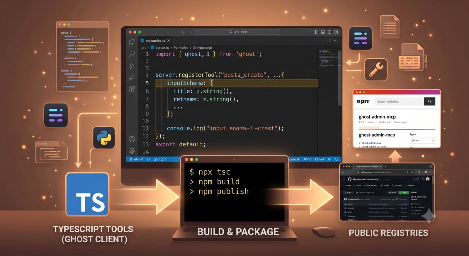 TypeScript build and npm publish pipeline from code editor to public registries